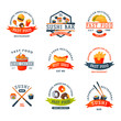 © Vectorwonderland - Colorful cartoon fast food label logo isolated restaurant tasty american cheeseburger badge mea meal vector illustration.