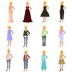 Set of Women in fashion clothes and shoes. Dress code for woman isolated on white background. Vector illustration eps 10