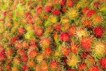 Wall Mural - Fresh organic rambutans on shelf store. Tropical fruit. Sweet taste.