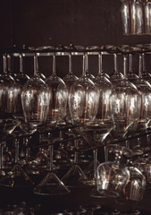 Wall Mural - raws of glasses for a margarita, martini, grog and liqueur hanging upside down in bar at arestaurant, dark background.