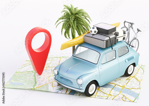 Fotografering Vacanze, carta geografica con automobile in viaggio, render 3d