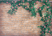Bush Climbing Rose On A Brick Wall Background,artificial Flowers Decor.
