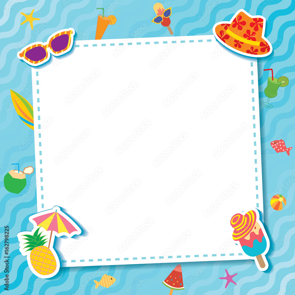 Blue wave pattern frame with summer symbol . Stock Vector | Adobe Stock, image size:1000x1000