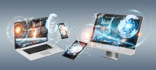 Aufkleber - Tech devices with icons and graphs flying 3D rendering