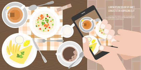 Hand use smartphone take photo by touching screen before eating in restaurant in aerial view, flat design vector for banner or cover about human behavior concept