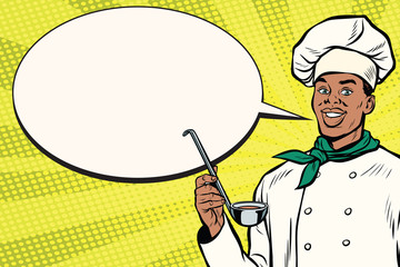 African chef with ladle cartoon bubble