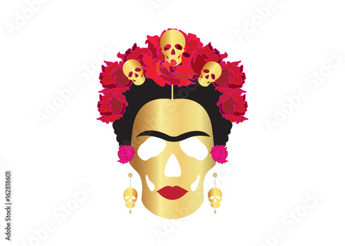 Photo portrait of Mexican Catrina with skulls and flowers ,Frida gold skulls, inspira