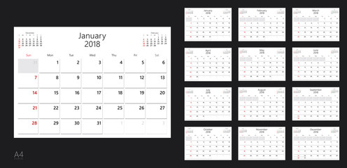 Vector design template of calendar planner for 2018 year.