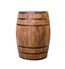 oak barrel brown with metal hoops on a white isolated background