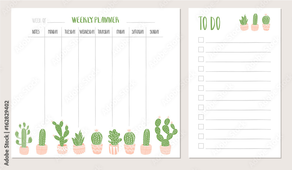 Weekly planner and to do list with cactus illustration. Vector. Stock ...
