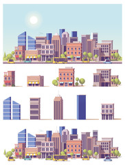 Vector low poly 2d buildings and city scene