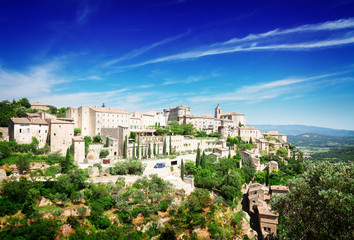 panoramic view of Gordes, famouse old town fortress of Provence, France, retro toned