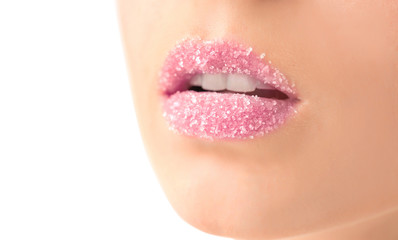 Wall Mural - Woman with sugar lips on white background, closeup