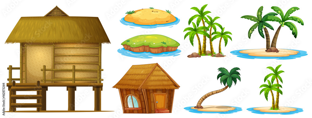 Summer set different shapes of island and hut - obrazy, fototapety, plakaty 