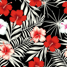 Color Hibiscus On The Black White Leaves Seamless Background