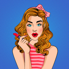 Pop Art Style Retro Lady Doing Makeup With Lipstick