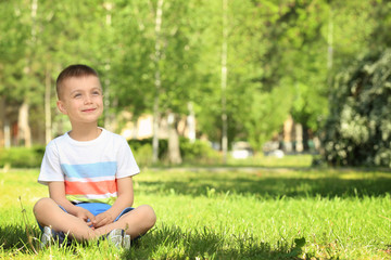 Wall Mural - Cute little boy sitting on green grass in park