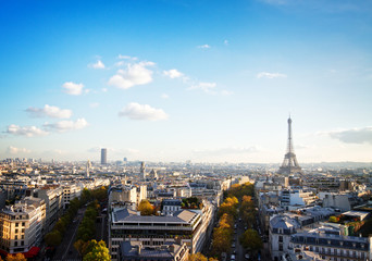 Paris cityscape in sunny day from above, France, retro toned