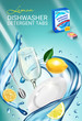 Lemon fragrance dishwasher detergent tabs ads. Vector realistic Illustration with dishes in water splash and citrus fruits. Vertical poster