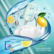 Lemon fragrance dishwasher detergent tabs ads. Vector realistic Illustration with dishes in water splash and citrus fruits. Poster