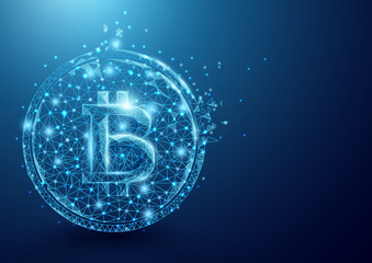 Poster - Wireframe bitcoin mesh from a starry on blue background. Business and technology concept