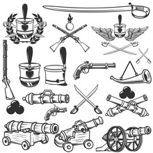 Old Weapons, Muskets, Sabers, Cannons, Cores, Hussar Headgear. Design Elements For Logo, Label, Emblem, Sign. Vector Illustration