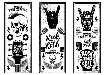 Rock and roll party flyers template. Vintage guitars, punk skull, rock and roll sign on grunge background. Vector illustration