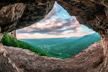 Beautiful Scenic Summer Landscape View Of Mezmay Village From Inside A Weird Rocky Grotto In Caucasus Mountains, Lenina Rock Shelf, Russia