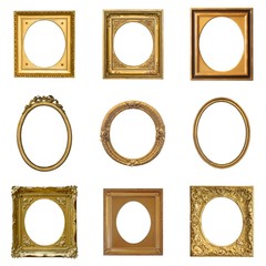 Set of gilded (gold) oval and round frames isolated on white