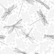 Dragonflies and leaves on a white background. Monochrome seamless vector pattern