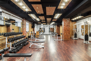 interior view of a gym with equipment.