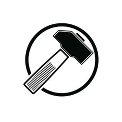 Detailed vector illustration of hammer, work tool. Industry utensil symbol, mallet placed in a circle, for use in advertising and web design.