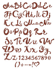 Wall Mural - Chocolate English alphabet. Brown handwritten letters and numbers on white background