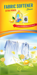 Wall Mural - Lemon fragrance fabric softener gel ads. Vector realistic Illustration with laundry clothes and softener rinse container. Vertical banner