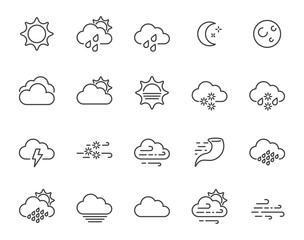 Set of Minimal Weather Related Vector Line Icons. Contains Icons like Wind, Blizzard, Sun, Rain and more. Stroke Style. Pixel Perfect.