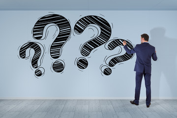 Poster - Businessman drawing a question mark sketch on a wall 3D rendering