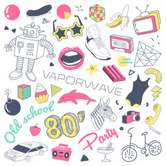 80s Fashion Hand Drawn Doodle with Skateboard, Lips and Sunglasses. Teenager Style Freehand Elements Set. Vector illustration