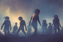  Halloween Concept Of Zombie Crowd Walking At Night, Digital Art Style, Illustration Painting
