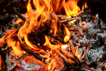 Burning Flames and Glowing Coal in BBQ, HDR image