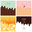 Different melted textures set. Cream on the chocolate bar, ice-cream on the wafer, honey on the honeycomb. Cute design with sample text.
