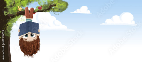 Cuadros en Lienzo Niño leyendo un libro en un arbol