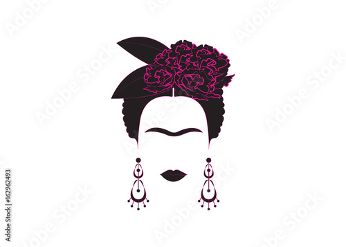 portrait of Mexican or Spanish woman minimalist Frida with earrings and flowers Tableau sur Toile