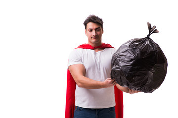 Wall Mural - Superhero man with garbage sack isolated on white