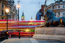 London Trafalgar Square Lion And Big Ben Tower At Background, London, UK