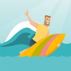 Canvas Print - Young caucasian surfer in action on a surfboard.