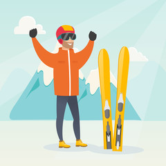 Poster - Young caucasian skier standing with raised hands.