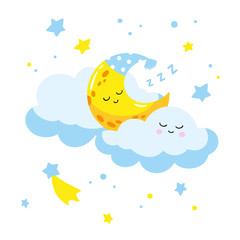 Cute cartoon crescent sleeping on a cloud. Vector illustration is suitable for greeting cards and prints on t-shirts.