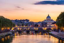 Skyline With Bridge Ponte Vittorio Emanuele II And Classic Architecture In Rome, Vatican City Scenery Over Tiber River.