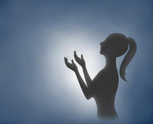 Digital Painting Silhouette Woman Hands Praying With Light Blue Clouds Background, Religion Concept