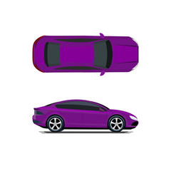 Purple car. View from above and from the side. Volumetric drawing without a mesh and a gradient. Isolated on white background. illustration.